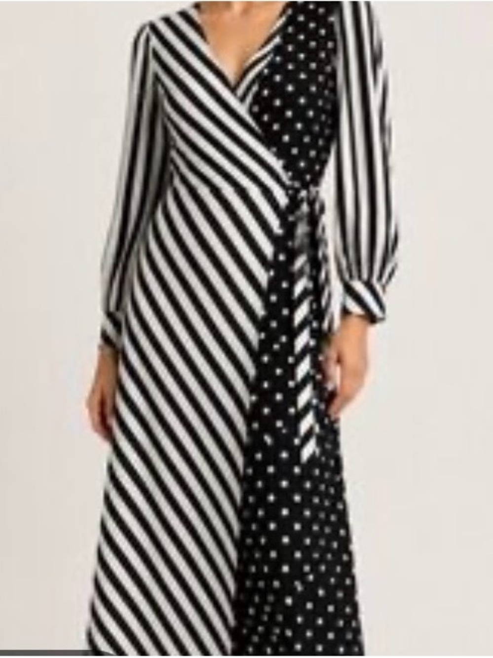 Listicle medium Black & White Striped Wrap midi  Dress with Polka Dot Panel